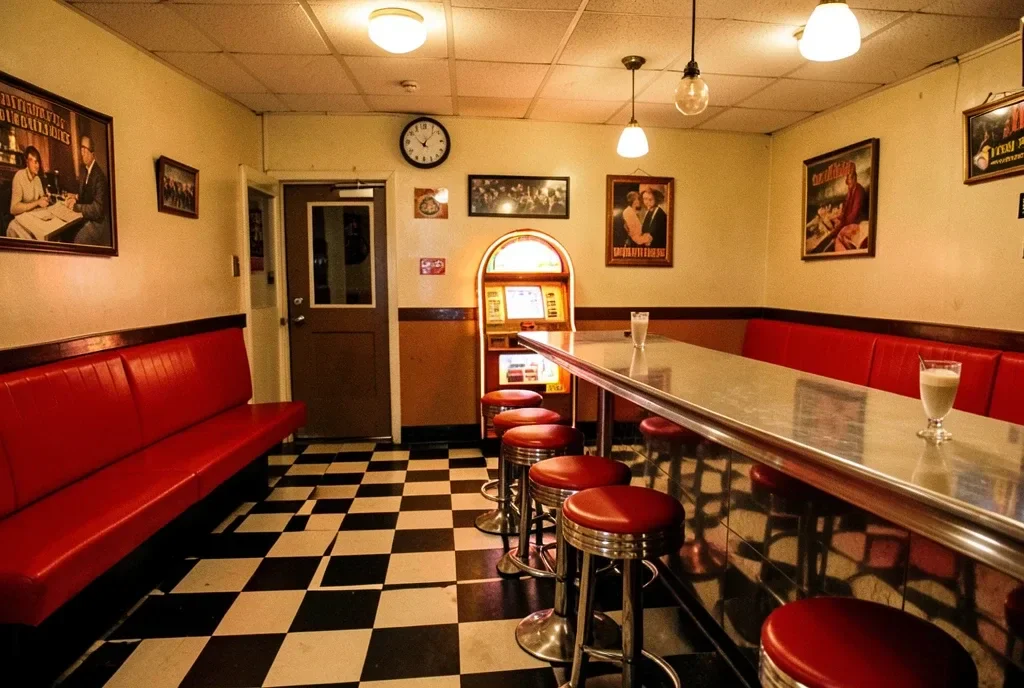 1950s Diner Interior with Jukebox and Checkered Floor — image prompt preview