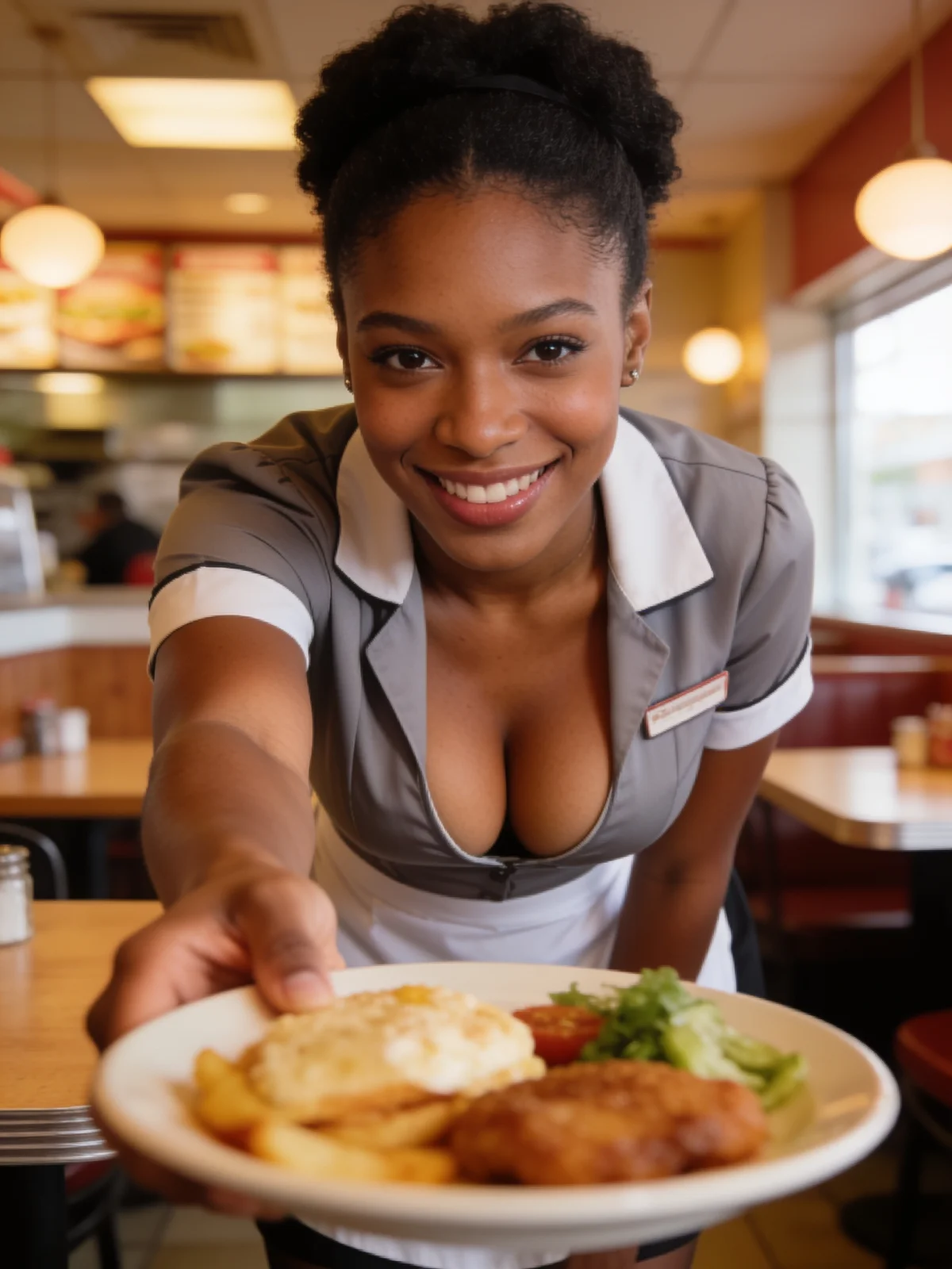 African Diner Waitress Large Cleavage Popped Out — image prompt preview