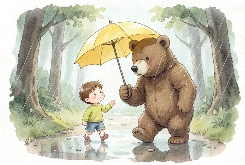 Bear and Child Sharing an Umbrella — image prompt preview