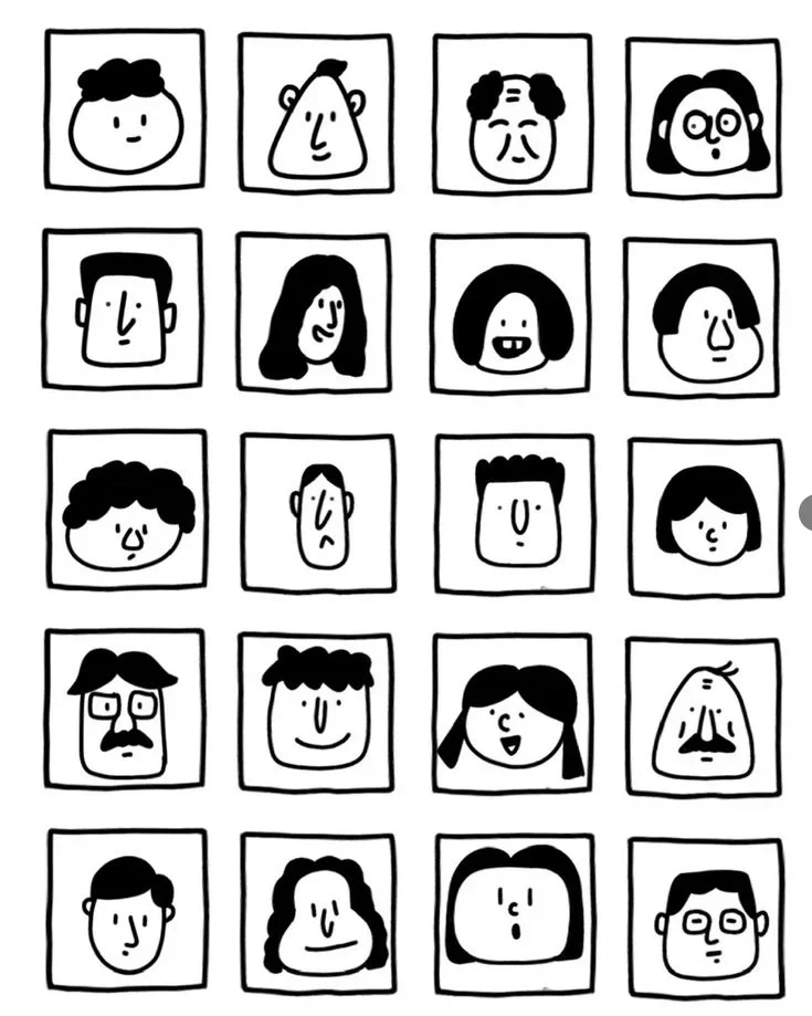 Black-And-White Minimalist Hand-Drawn Character Portrait Grid — image prompt preview