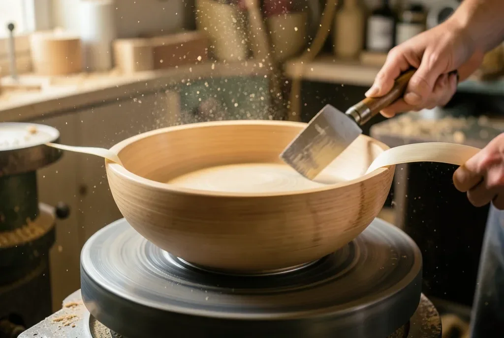 Bowl Turning on a Lathe with Shavings — image prompt preview