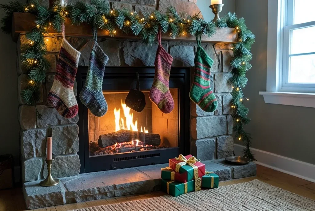 Christmas Morning Fireplace with Stockings and Gifts — image prompt preview