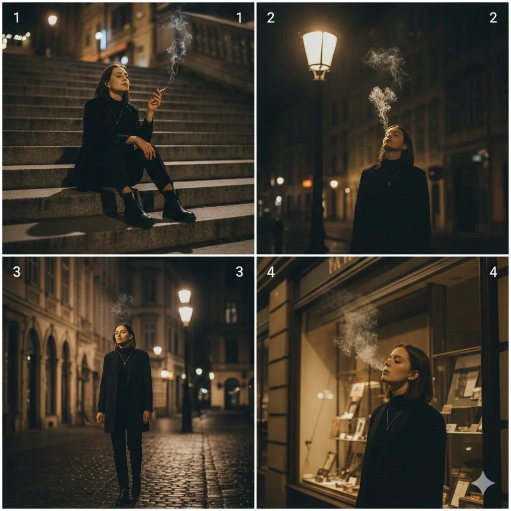 Cinematic 4-Panel Photo Collage Showing A Quiet — image prompt preview