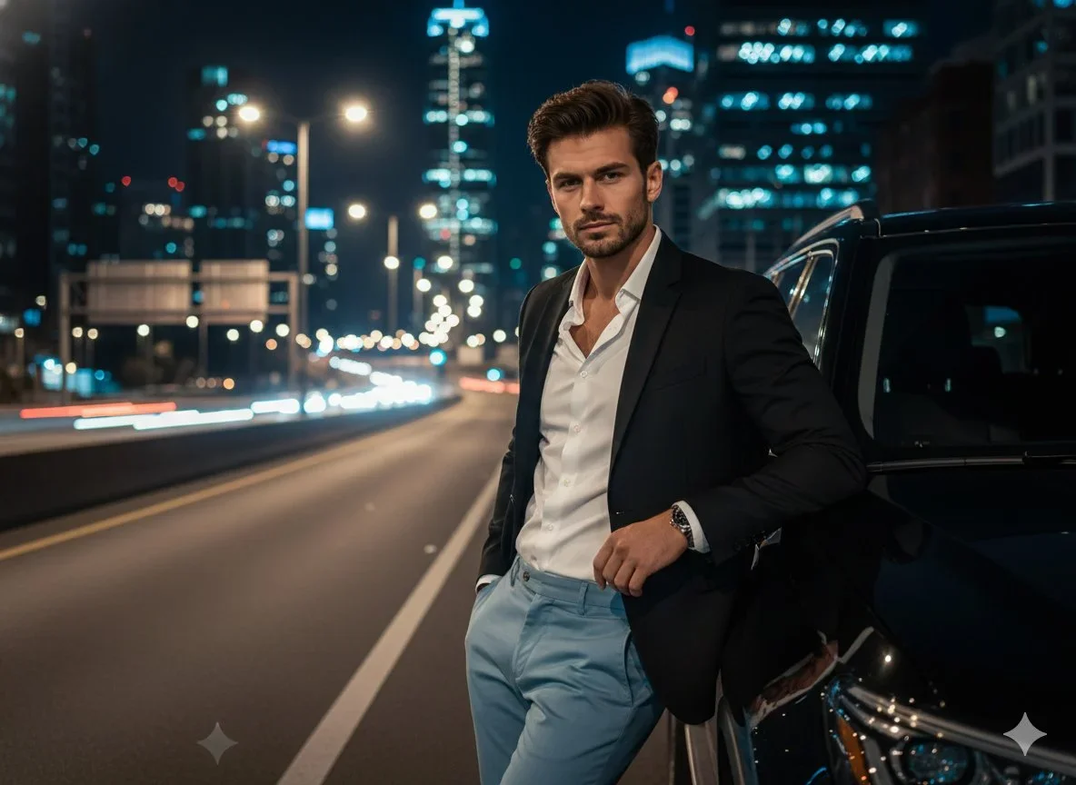 Cinematic Night-Time Urban Portrait Of A Confident — image prompt preview
