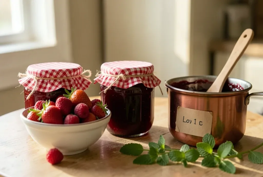 Cottagecore Jam Making Jars Berries Gingham — image prompt preview