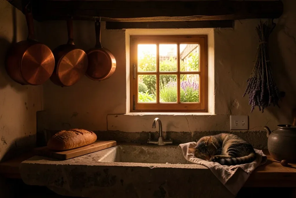 Cottagecore Kitchen Copper Pots Cat — image prompt preview