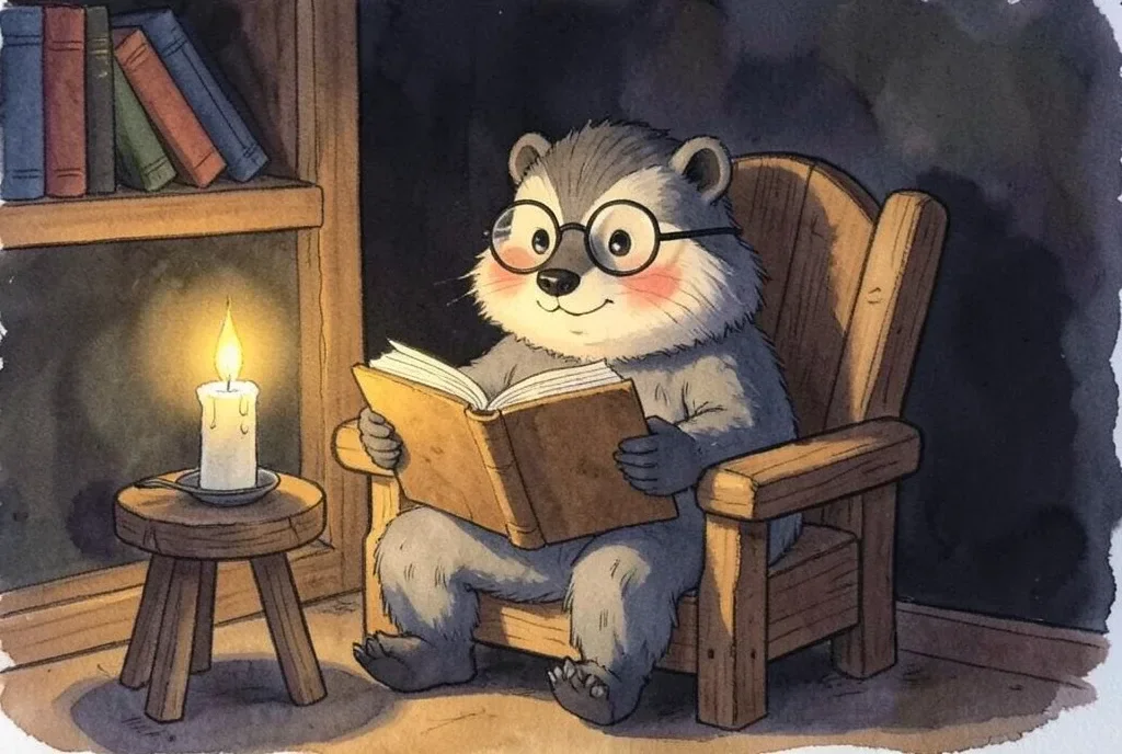 Cozy Badger Reading by Candlelight — image prompt preview