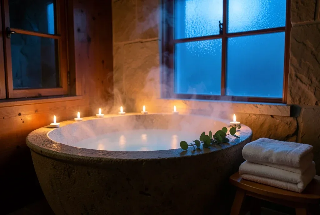 Cozy Candlelit Spa Bath with Rising Steam — image prompt preview