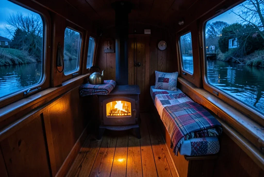 Cozy Narrowboat Interior with a Cast-Iron Stove — image prompt preview