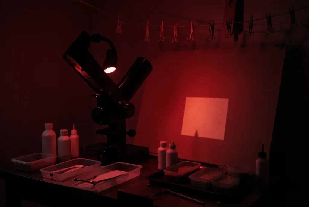 Darkroom Enlarger Under Safelight — image prompt preview