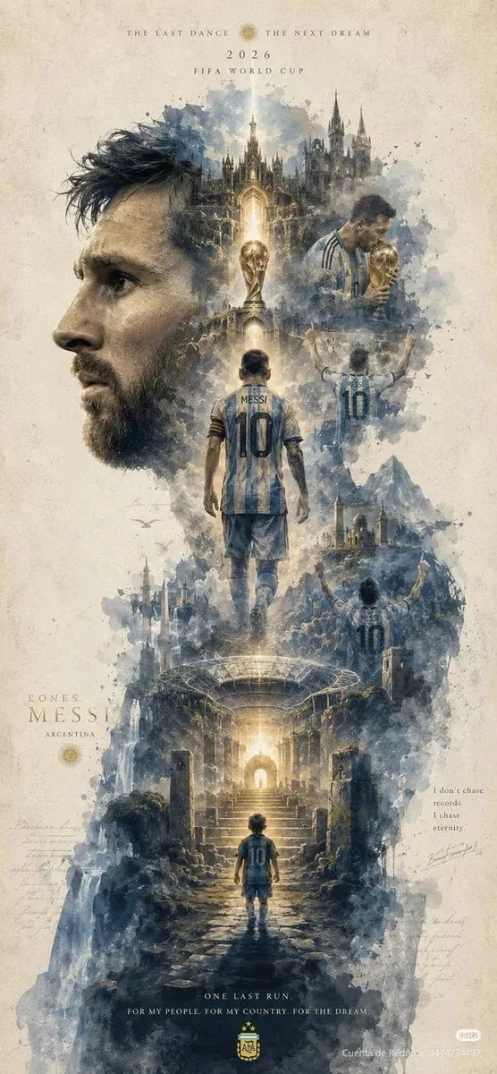 Epic cinematic watercolor poster of Lionel Messi, giant — image prompt preview