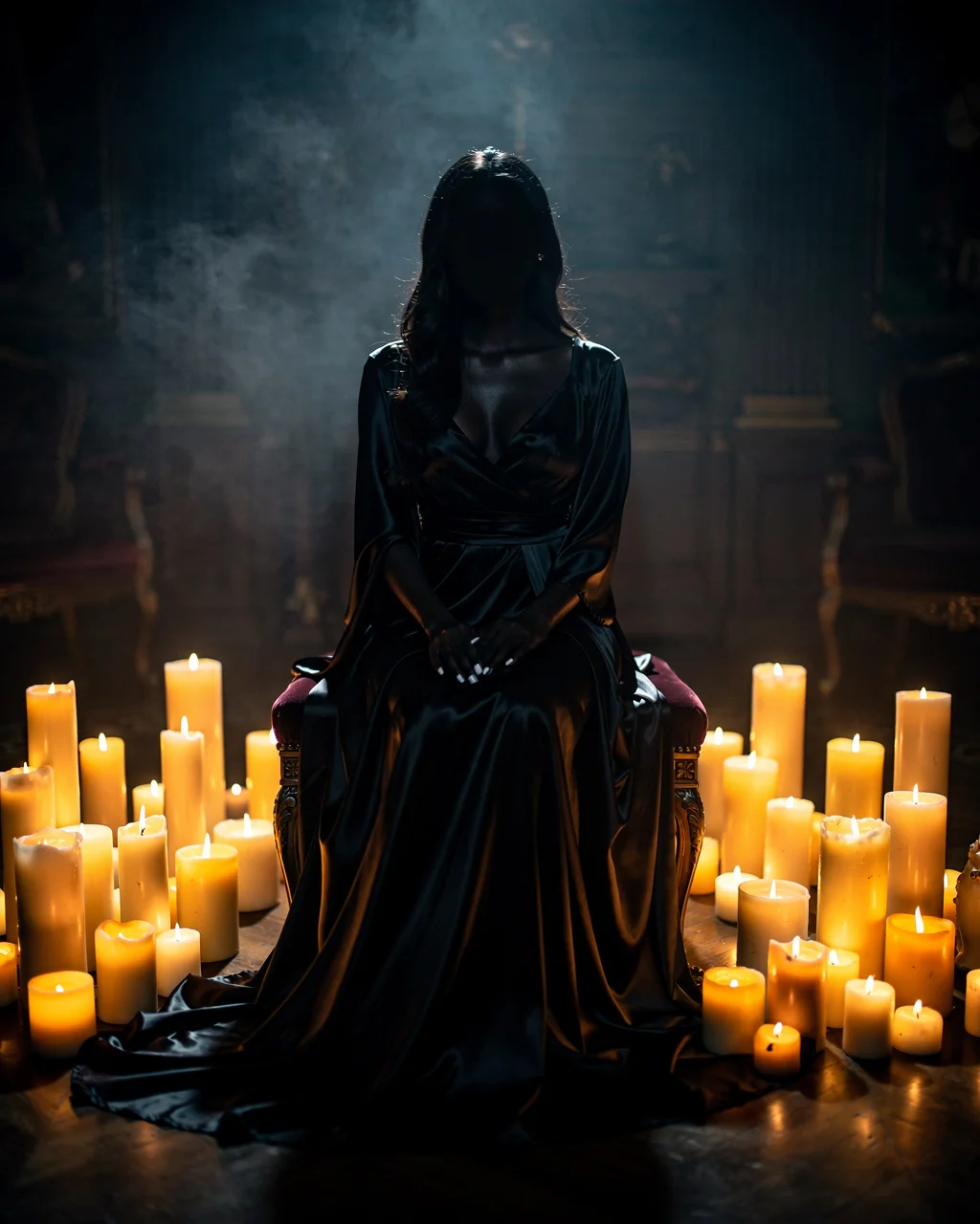 Faceless Dark Feminine Girl Sitting Elegantly In — image prompt preview