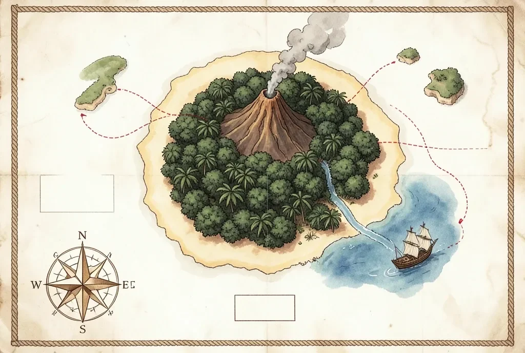 Fantasy Island Map with Compass Rose — image prompt preview
