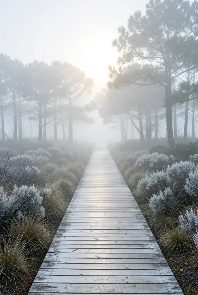 Foggy Boardwalk Through Coastal Pines — image prompt preview