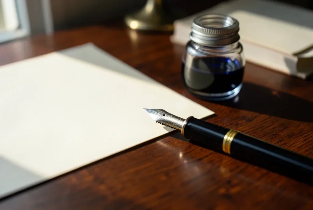 Fountain Pen and Inkwell Desk — image prompt preview
