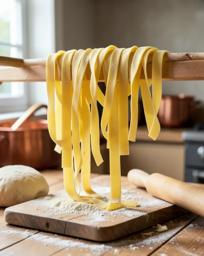 Fresh Pasta Drying on a Wooden Rack — image prompt preview