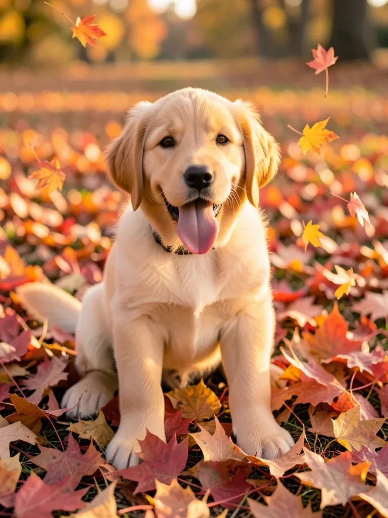 Golden Retriever Puppy in Autumn Leaves — image prompt preview