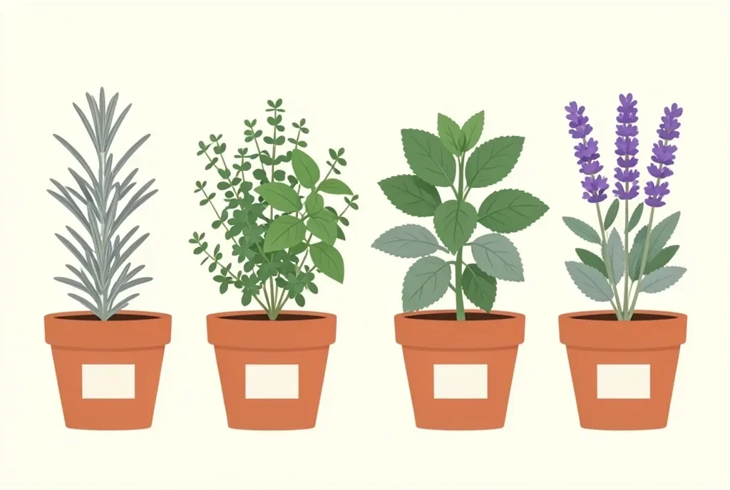 Herb Garden Illustration with Labeled Pots — image prompt preview