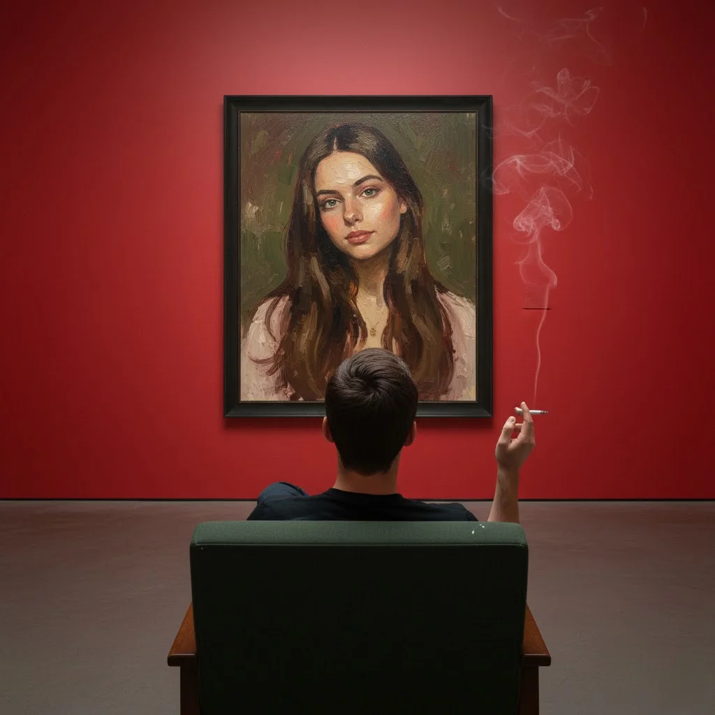 Looking at a photo on the wall — image prompt preview