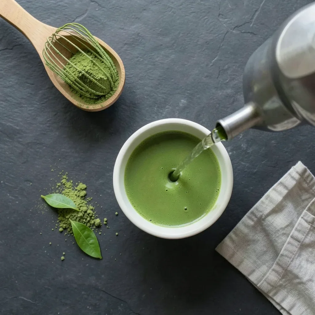 Matcha Powder and Bamboo Whisk Preparation Flatlay — image prompt preview
