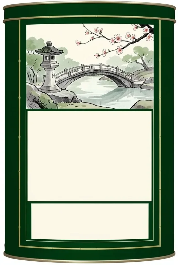 Matcha Tin Label with Japanese Garden Illustration — image prompt preview