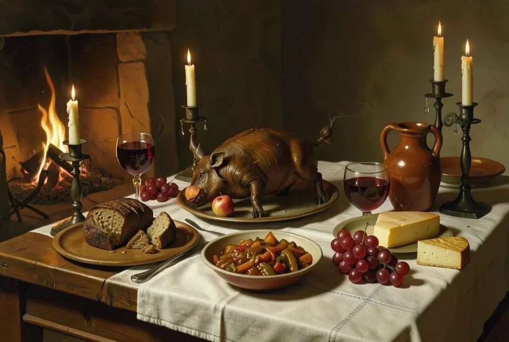 Medieval Feast Table Spread with Roasted Meats — image prompt preview