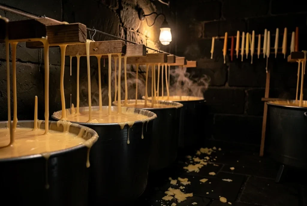 Moody Candlemaking Workshop with Cooling Wax Vats — image prompt preview