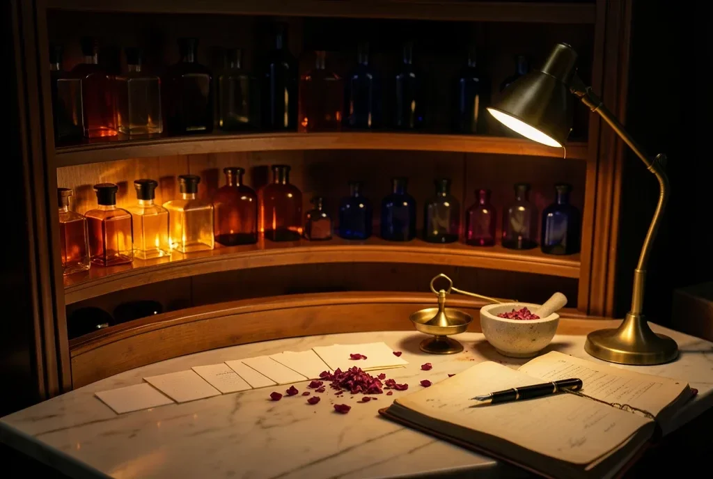 Moody Perfumer's Organ with Amber Bottles — image prompt preview