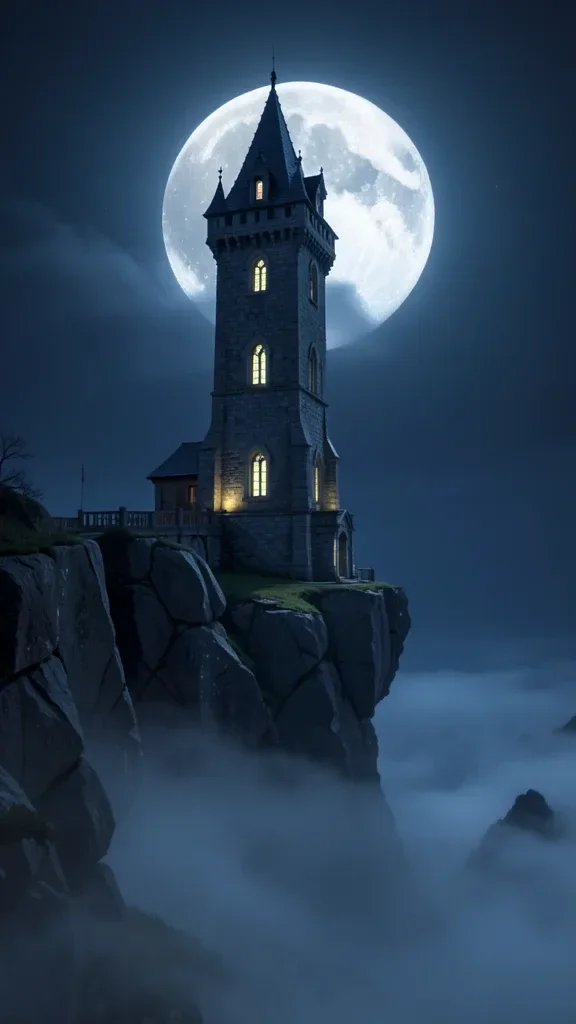 Moonlit Wizard Tower on Cliff — image prompt preview