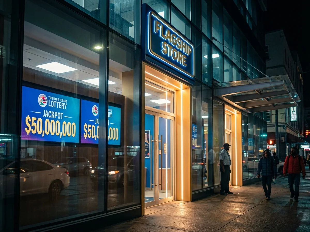 Nighttime Exterior Of A Modern Lottery Flagship — image prompt preview