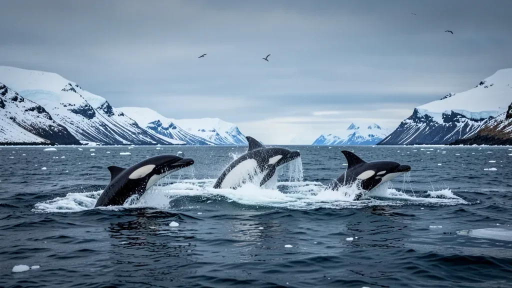Orca Pod Breaching in an Icy Strait — image prompt preview