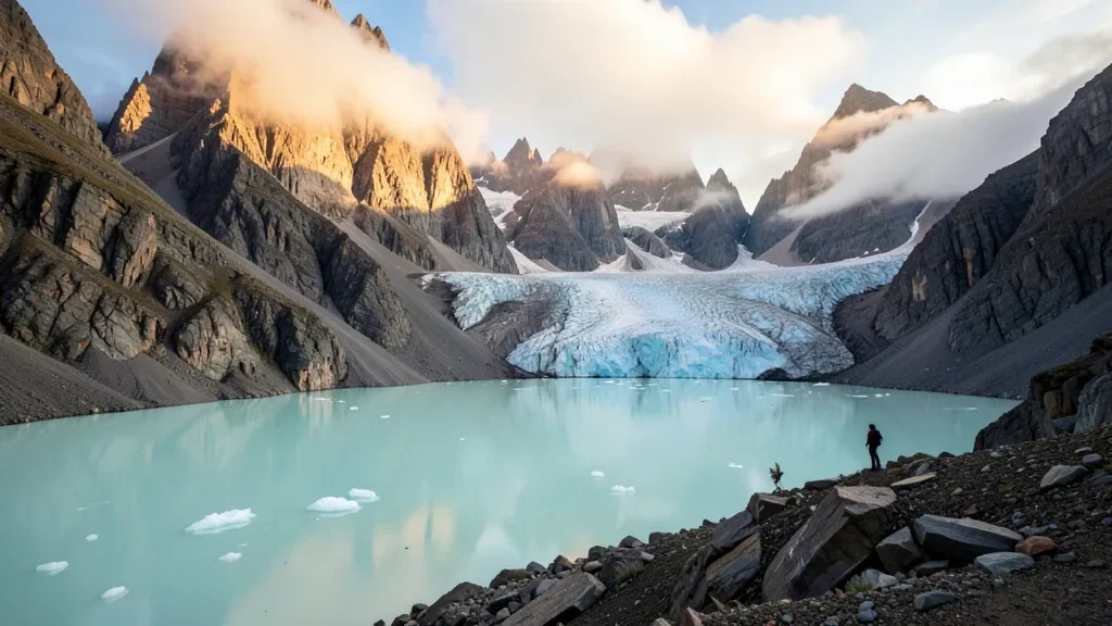 Patagonia Glacier Peaks with Hiker Silhouette — image prompt preview
