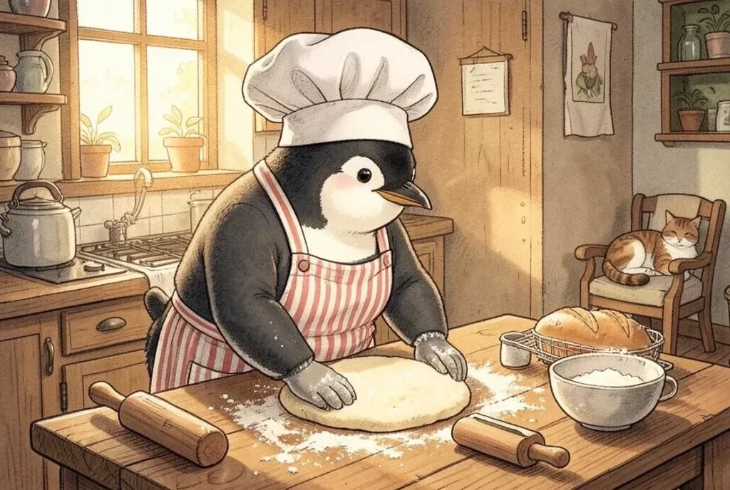 Penguin Baking Bread in a Cozy Kitchen — image prompt preview