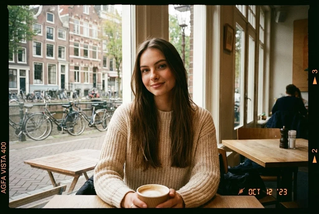 Portrait in Amsterdam cafe photo — image prompt preview