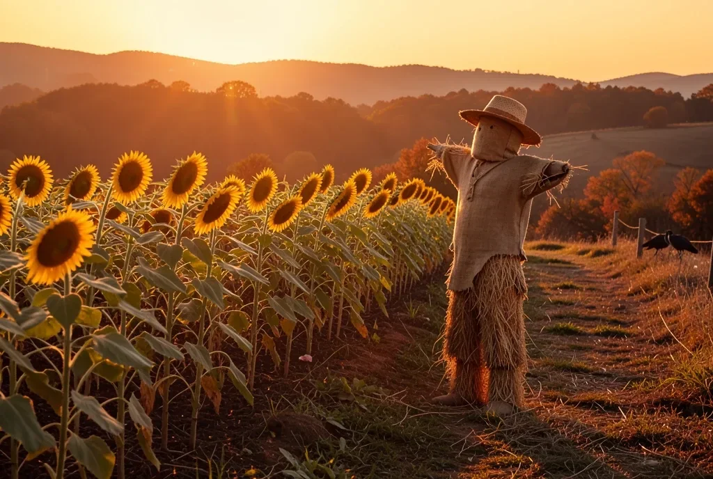 Scarecrow in Sunflower Field at Sunset — image prompt preview