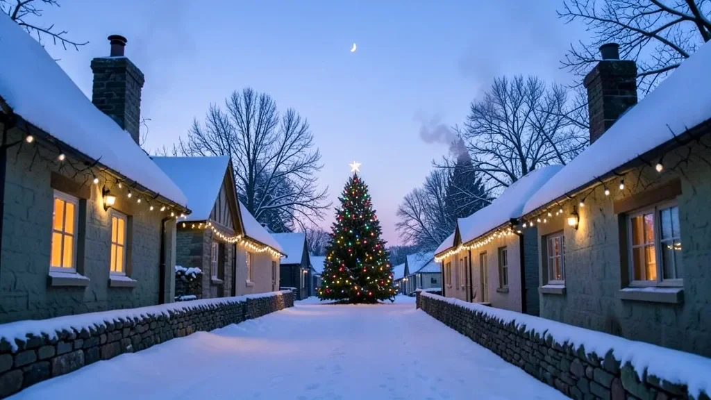 Snowy Village with Christmas Lights at Twilight — image prompt preview