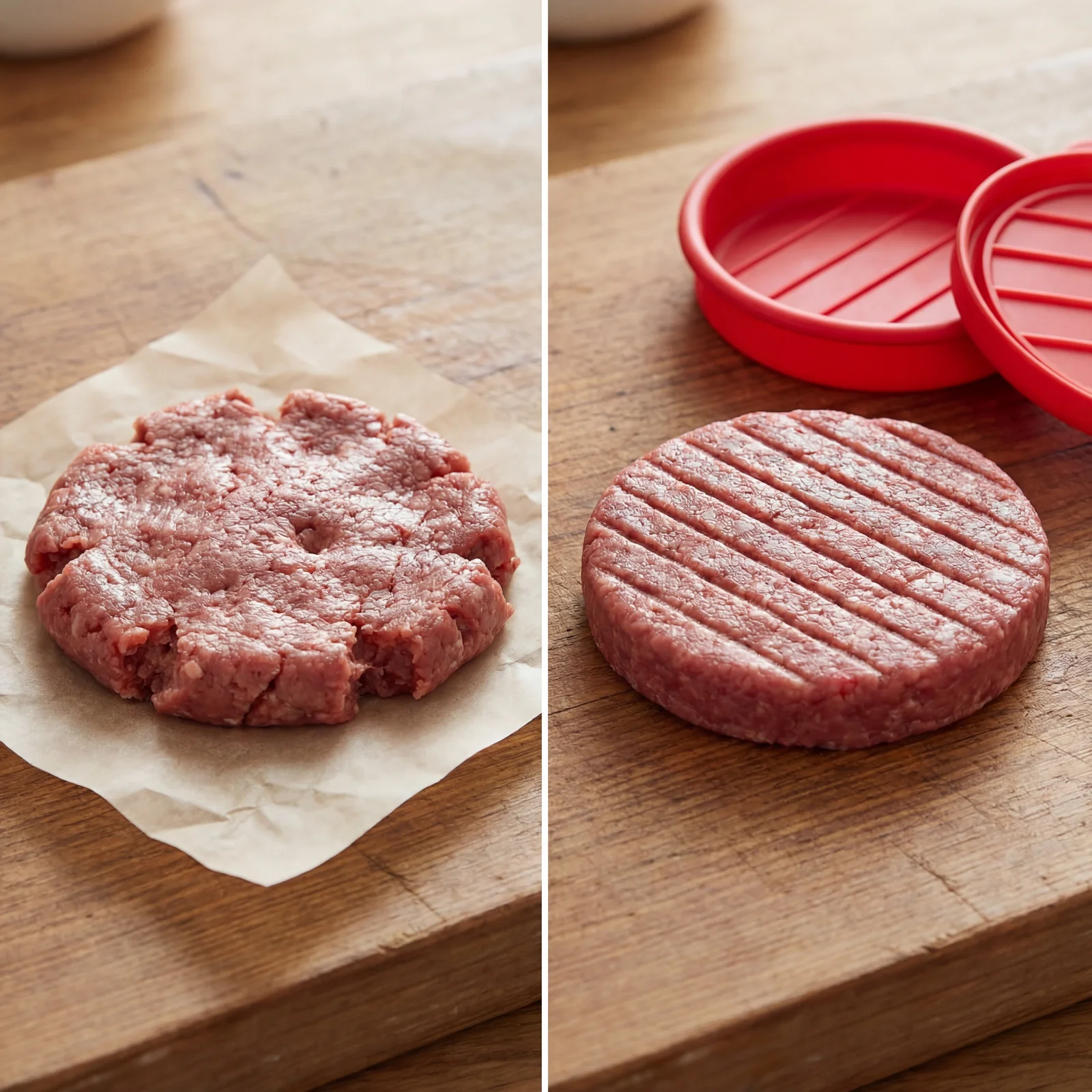 Split Comparison Image Demonstrating Burger Patty Results — image prompt preview