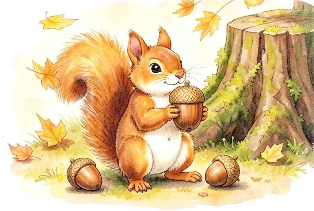 Squirrel Collecting Acorns in Autumn Forest — image prompt preview