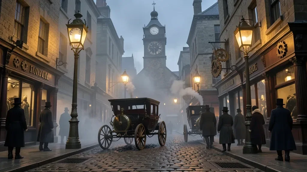 Steampunk City Street with Brass Clockwork Lampposts — image prompt preview