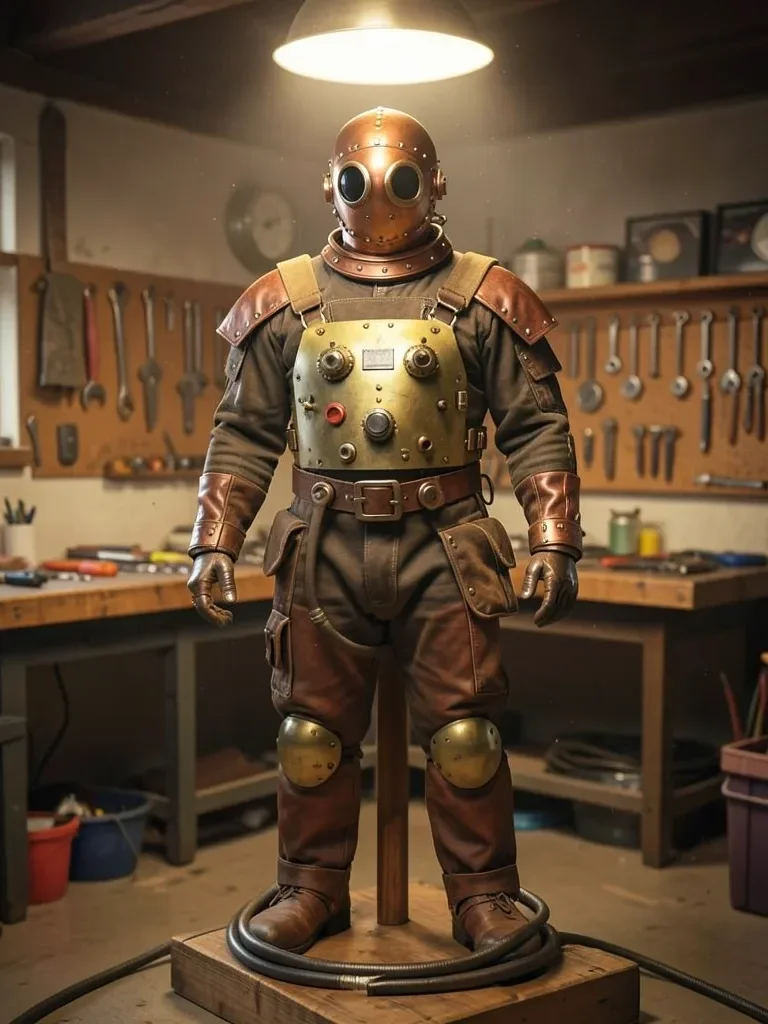 Steampunk Copper Diving Suit in a Brass Workshop — image prompt preview