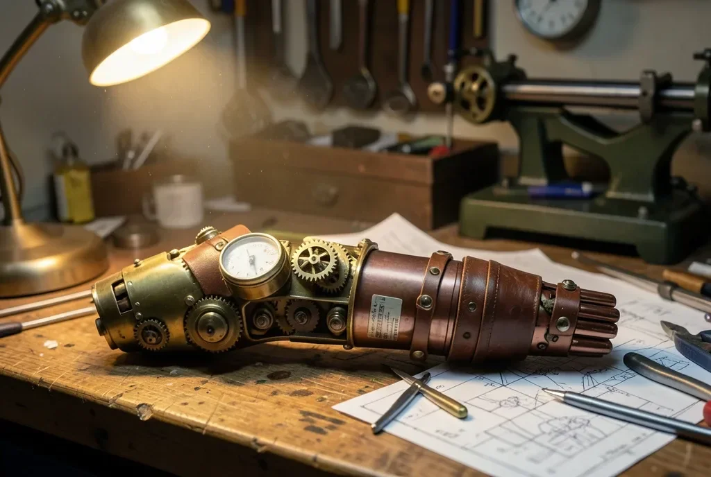 Steampunk Mechanical Arm Prototype on a Workbench — image prompt preview