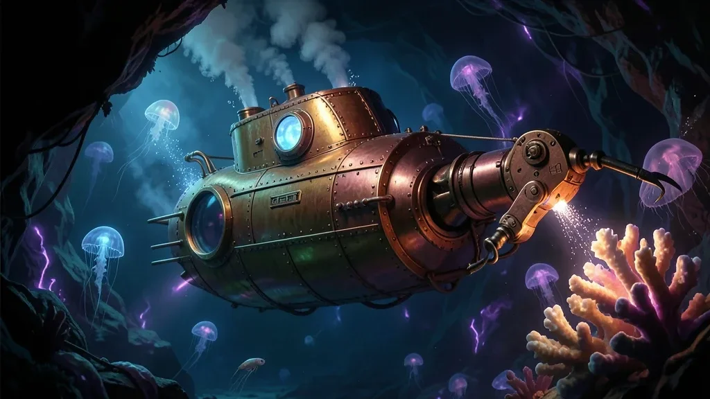 Steampunk Submarine Exploring a Bioluminescent Deep-Sea Trench — image prompt preview