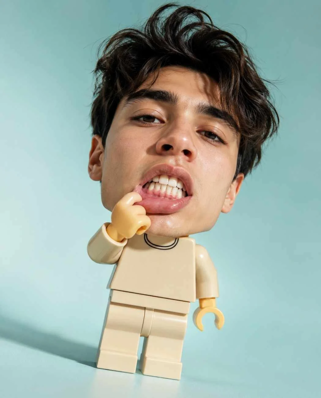 Surreal Brick Figure with Giant Photorealistic Head — image prompt preview
