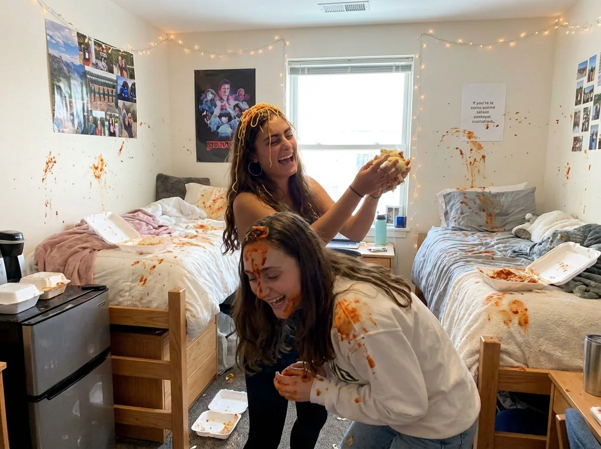 Two Kids Having A Food Fight In — image prompt preview